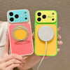 A hand holds two colored phone cases, one pink and one lime green, demonstrating camera protection features.