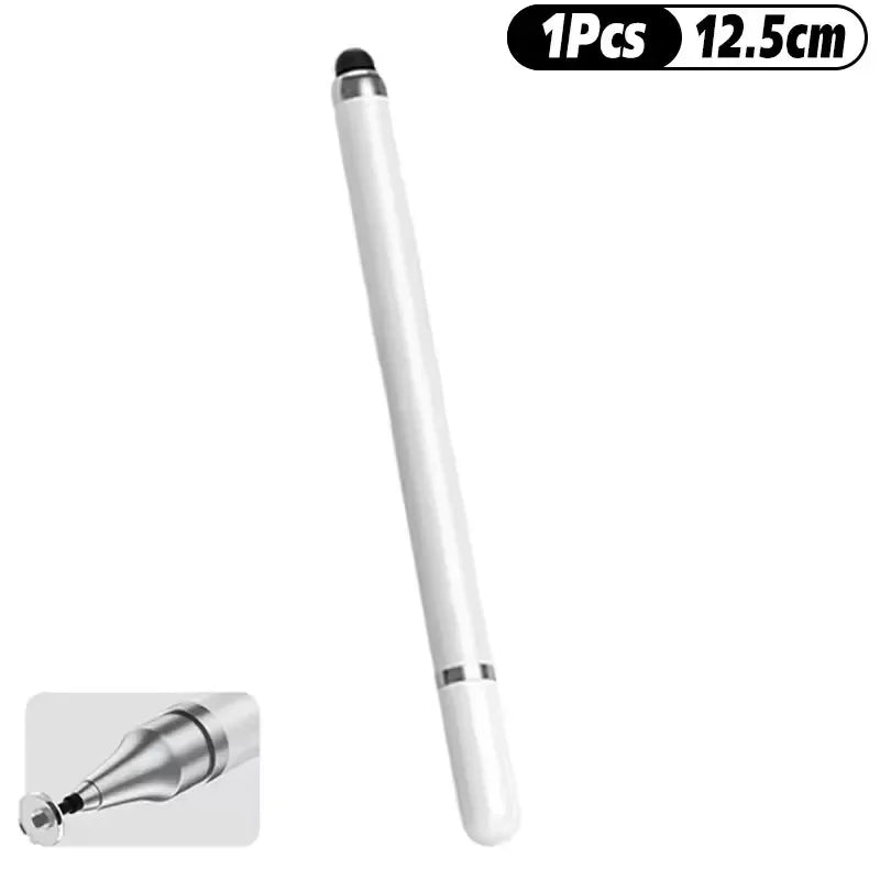 A white universal stylus pen with a silver tip shown next to its size measurement.