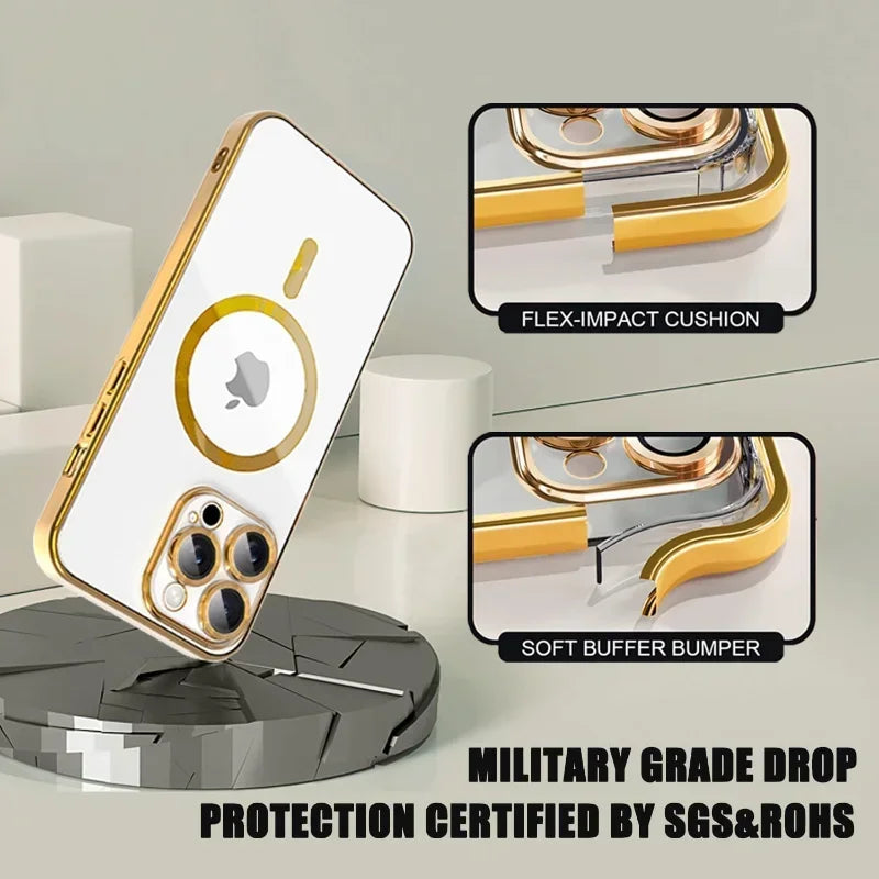 Goldener magnetischer kabelloser Handyhülle für iPhone mit Flex-Impact- und Soft-Buffer-Schutz.
