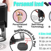 A black self-inking stamp device shown with an ink pad and various sizes of ink pads available.