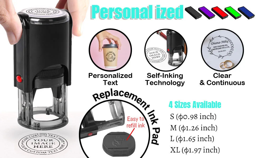 A black self-inking stamp device shown with an ink pad and various sizes of ink pads available.