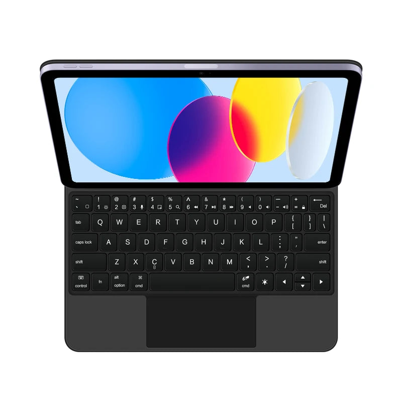 Clavier flottant magnétique noir pour iPad, montrant des touches colorées et un écran.