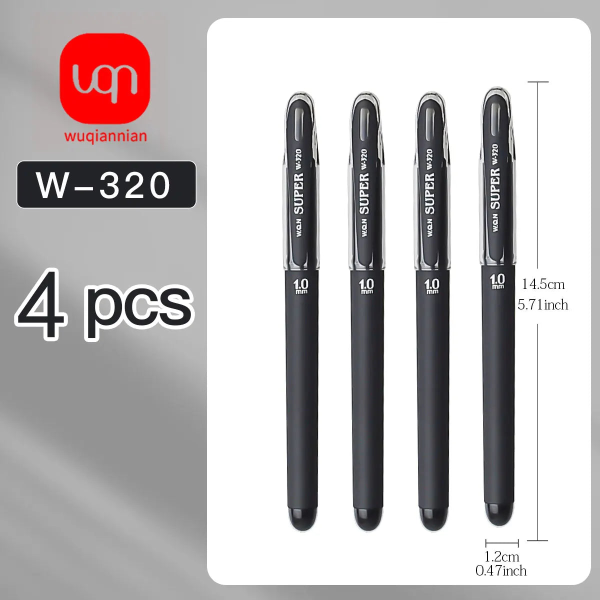 Four black smooth writing gel pens with 1.0mm tips shown next to a ruler for scale.