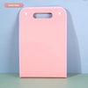 A solid pink portable accordion document organizer with rounded edges and a slot for holding papers.