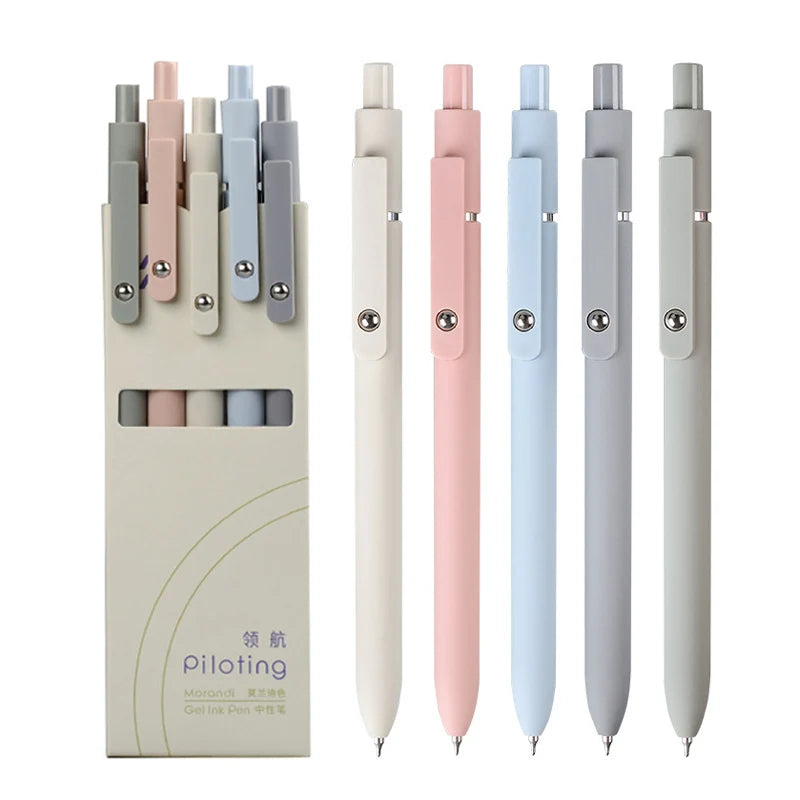 A set of Morandi piloting gel pens in various colors, including pink, blue, and gray.
