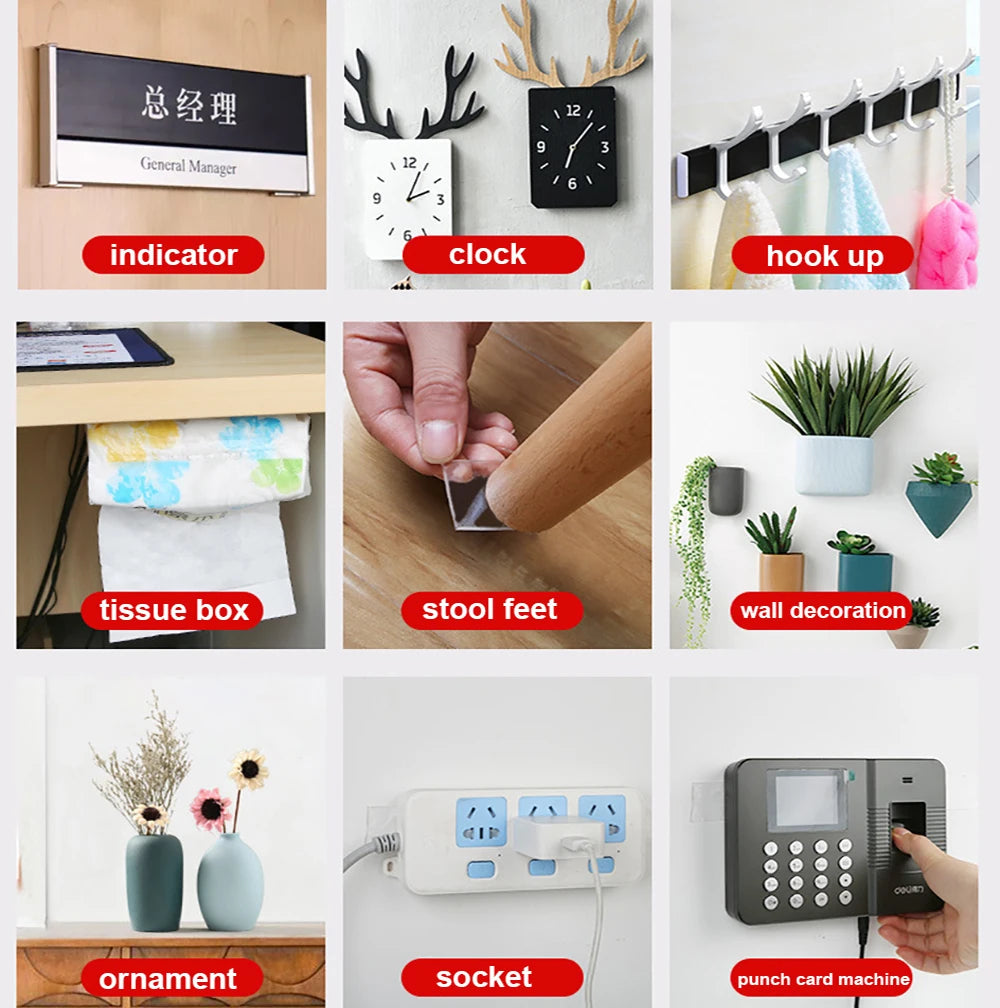 A collection of various adhesive tapes and related items including an indicator clock hook up tissue box stool feet and wall 