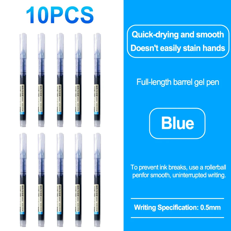 A set of 10 blue full-length gel pens designed for quick-drying and smooth writing.