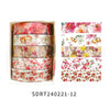 A set of five rolls of floral decorative washi tape in various shades of pink, red, and green for crafting.