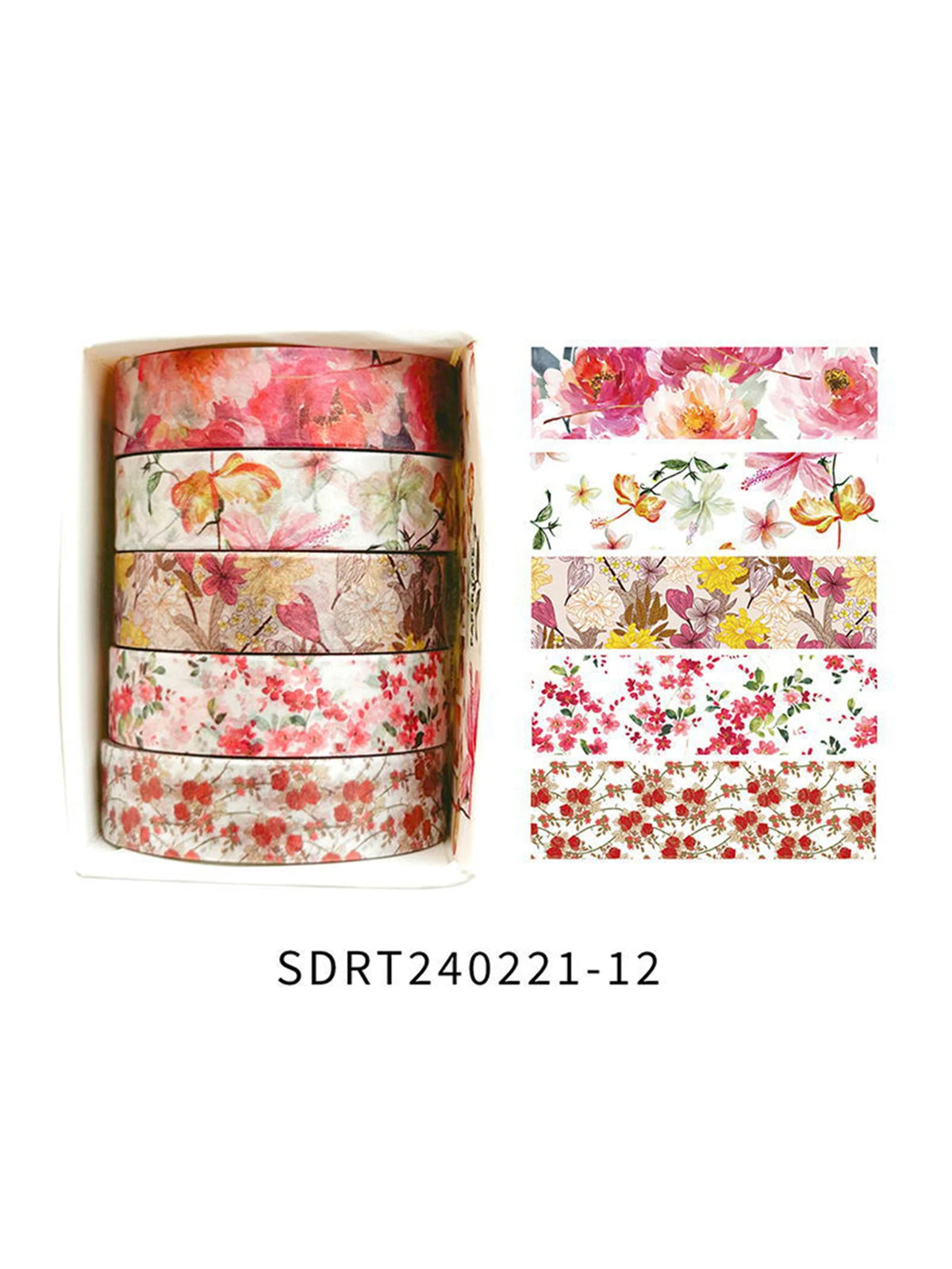 A set of five rolls of floral decorative washi tape in various shades of pink, red, and green for crafting.