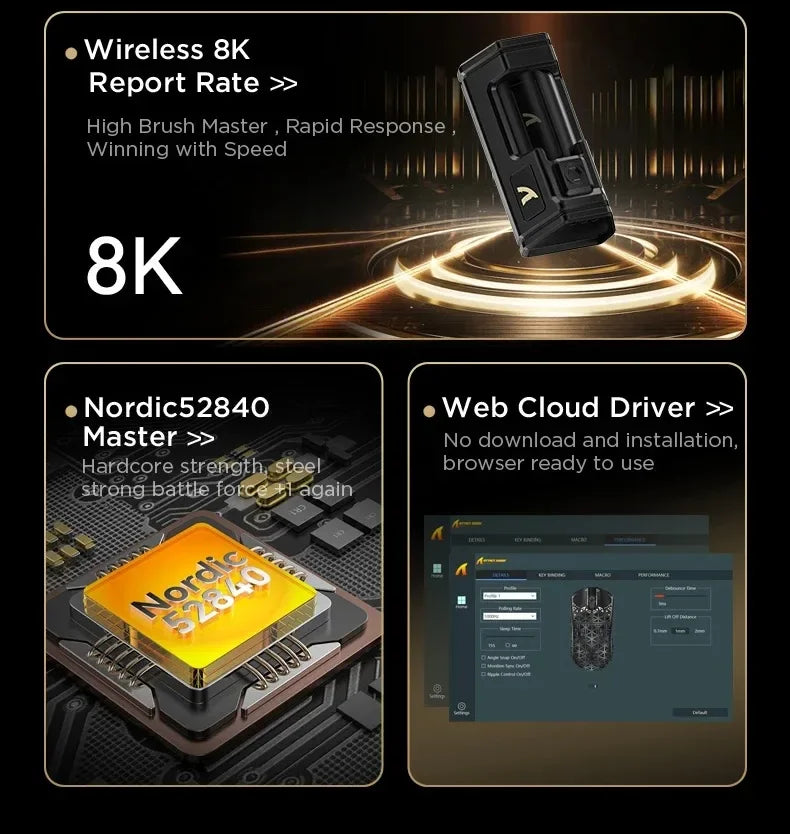 A promotional graphic showing a black wireless gaming mouse with 8K reporting rate and a Nordic52840 master chip.