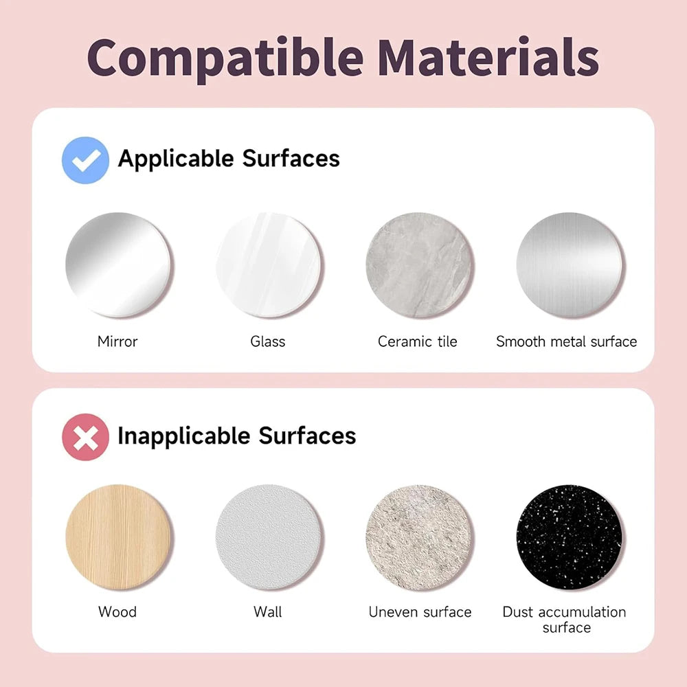 Diagram showing compatible and incompatible surfaces for a silicone suction cup phone mount.