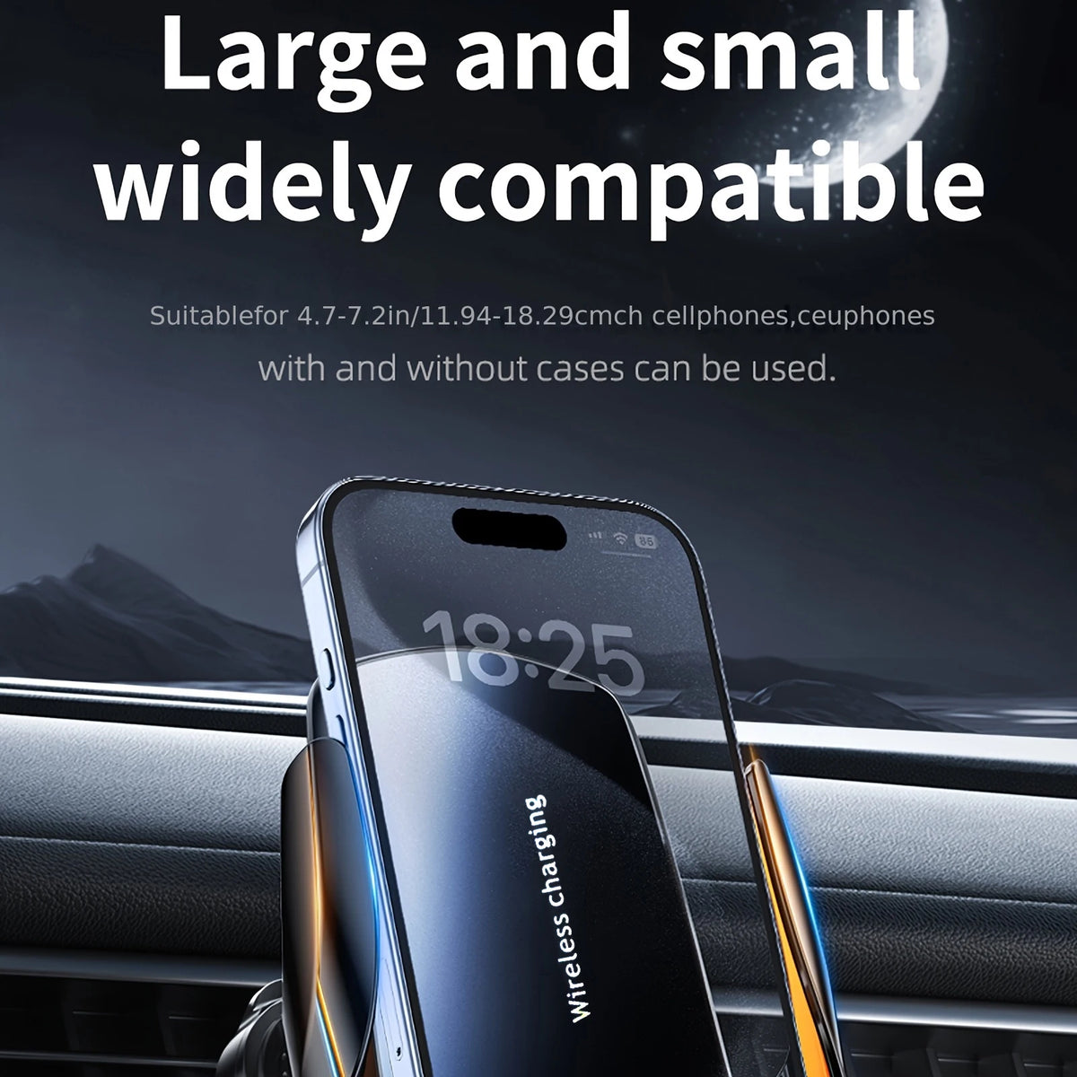 A close-up of a smartphone mounted in a car window, showing the wireless charging feature.
