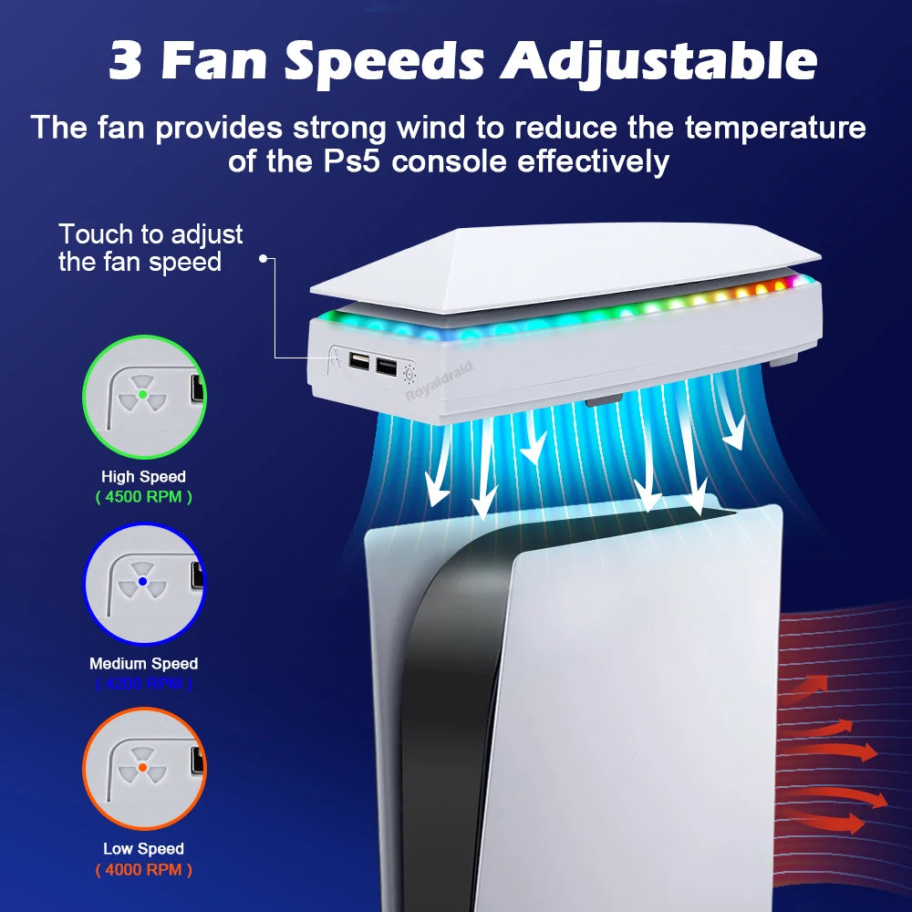 An RGB gaming cooler stand with an adjustable fan is shown directing airflow toward a PS5 console.