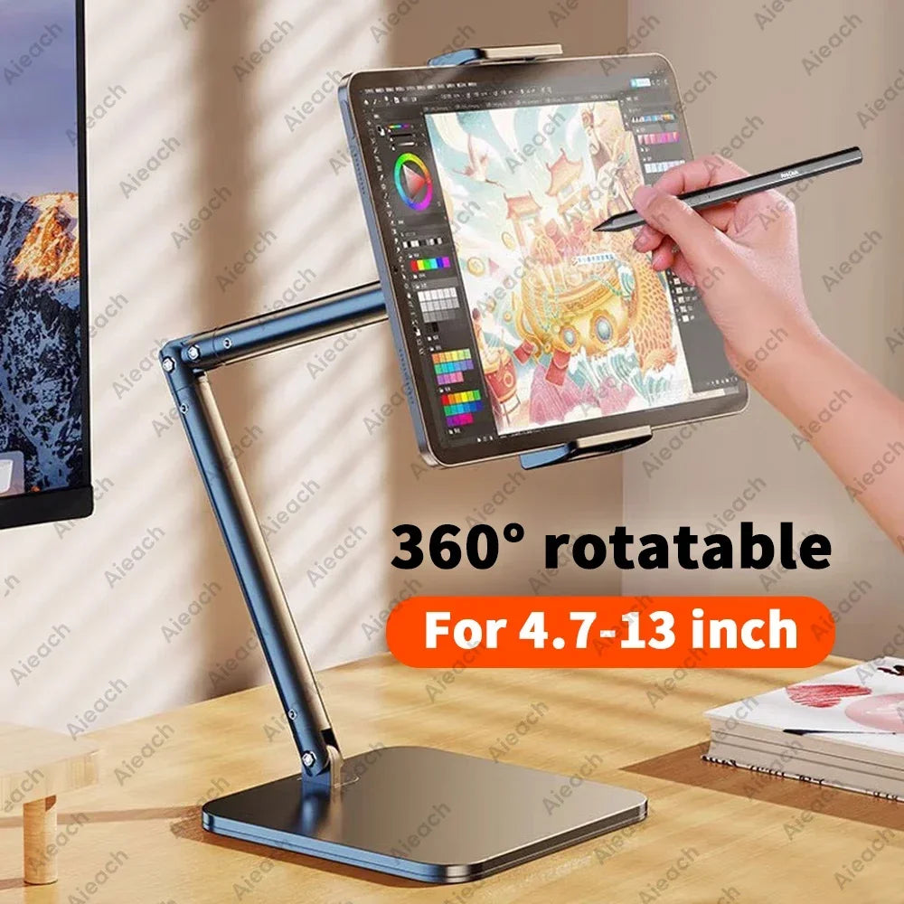 A hand is using a stylus to draw on a 360-degree rotatable tablet mounted on an adjustable stand.
