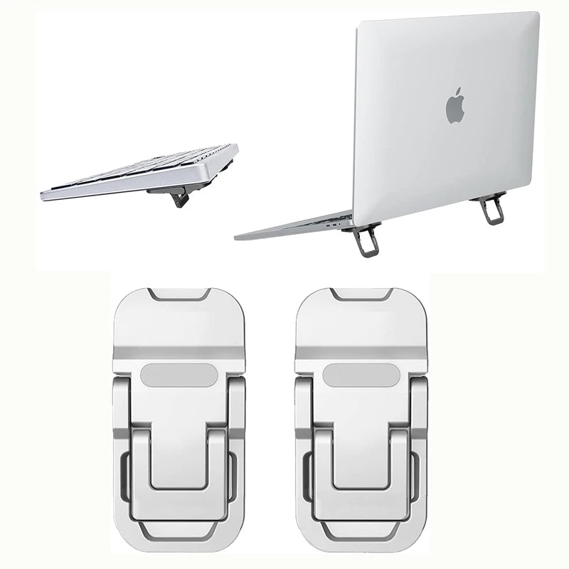 A white portable laptop stand riser shown in various configurations, including a flat stand and two upright stands.