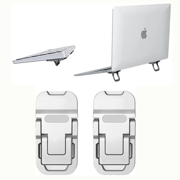 A white portable laptop stand riser shown in various configurations, including a flat stand and two upright stands.