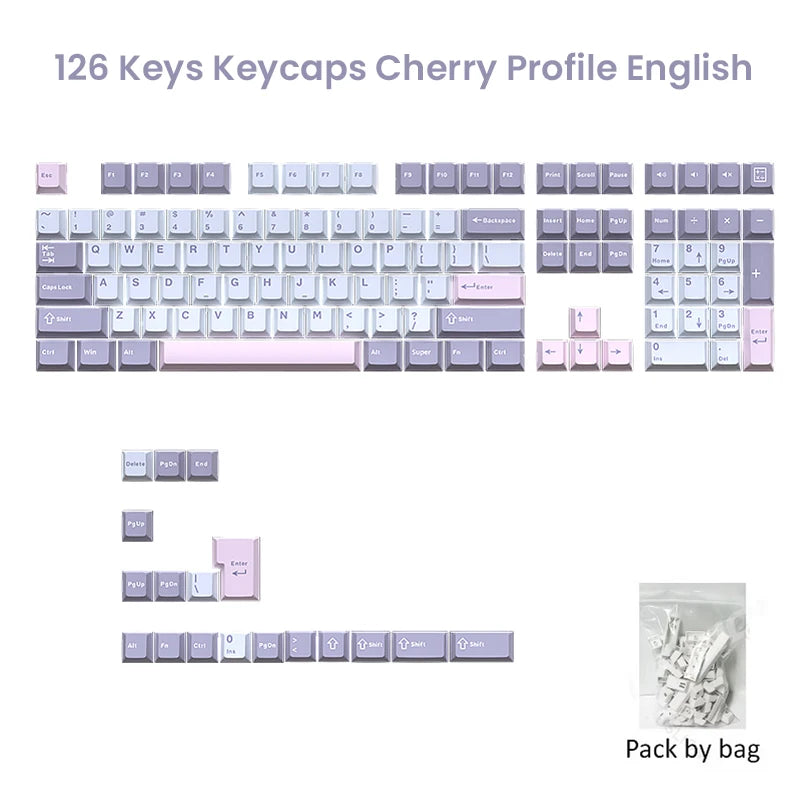 A collection of 126 Cherry profile keycaps in various colors and layouts for mechanical keyboards.