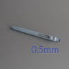 A close-up view of a light gray precision gel pen with a blue tip, labeled as 0.5mm.