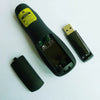 A black wireless presentation pen with a remote control and a protective cap, shown on a white background.