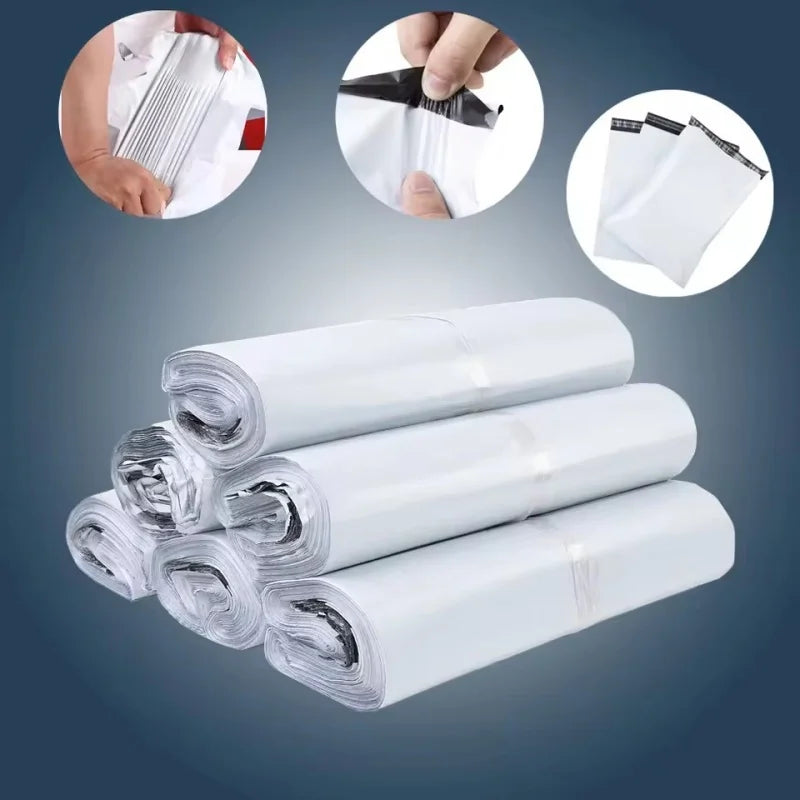 A stack of white self-adhesive sealed packing bags shown with close-ups of the sealing process.