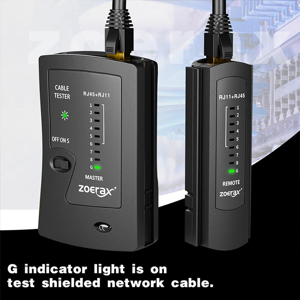 Probador de cables negro con luz indicadora G encendida, junto a una unidad remota.
