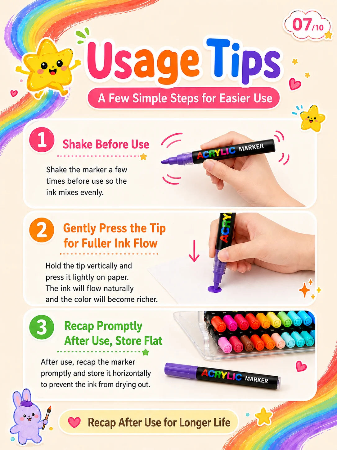 Usage tips for an acrylic marker including shaking, pressing the tip, and proper storage.