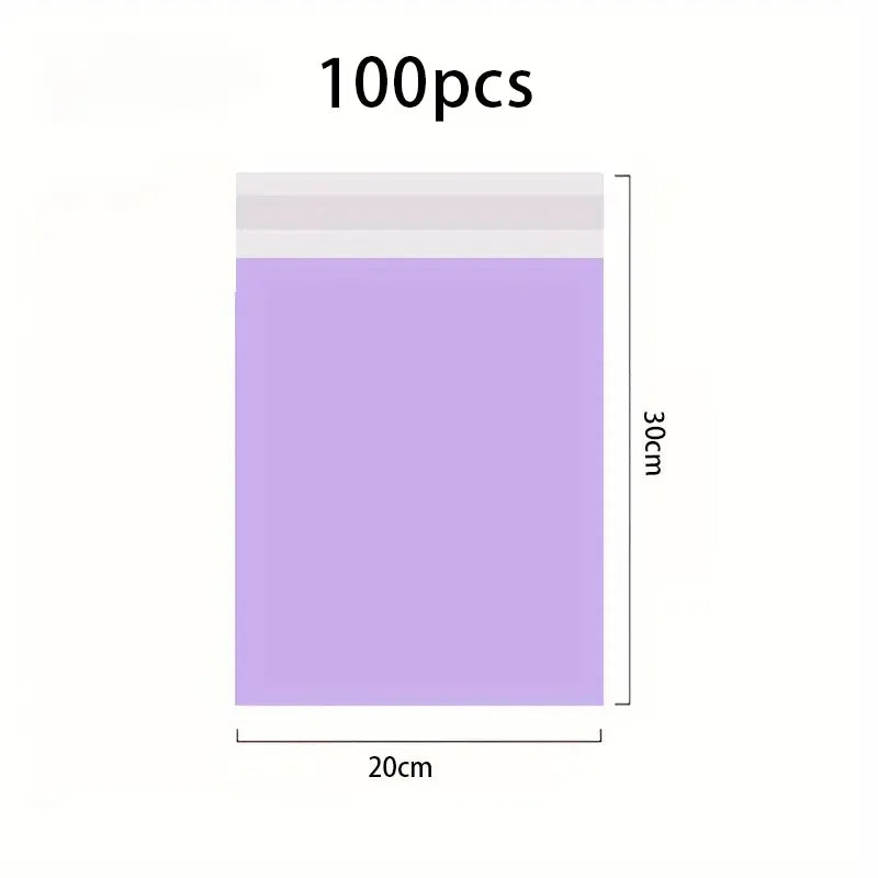 A package of 100 waterproof self-adhesive courier mailer bags in light purple.