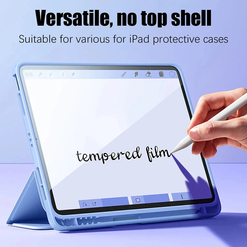 A hand is applying a tempered film screen protector to a blue iPad, demonstrating its versatility for protective cases.