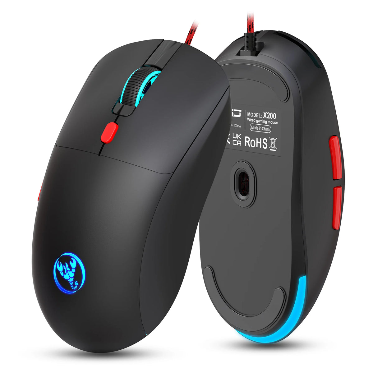 A black wired gaming mouse with an RGB backlight is shown from the top and side view.