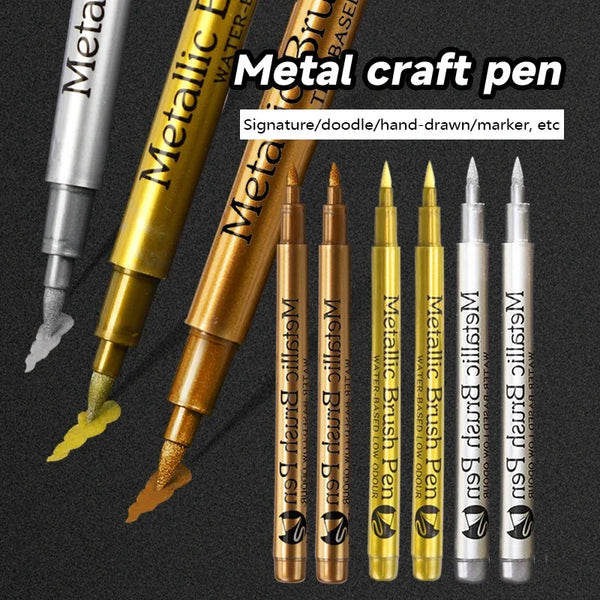 A collection of metallic brush pens in various colors and finishes for signature, doodle, and hand-drawn work.
