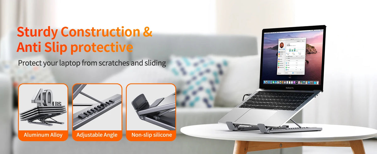 A laptop is placed on an aluminum alloy adjustable stand, demonstrating a sturdy construction and anti-slip protective featur