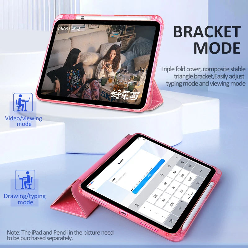A pink glittery protective stand cover is shown in a bracket mode and a typing mode on an iPad.