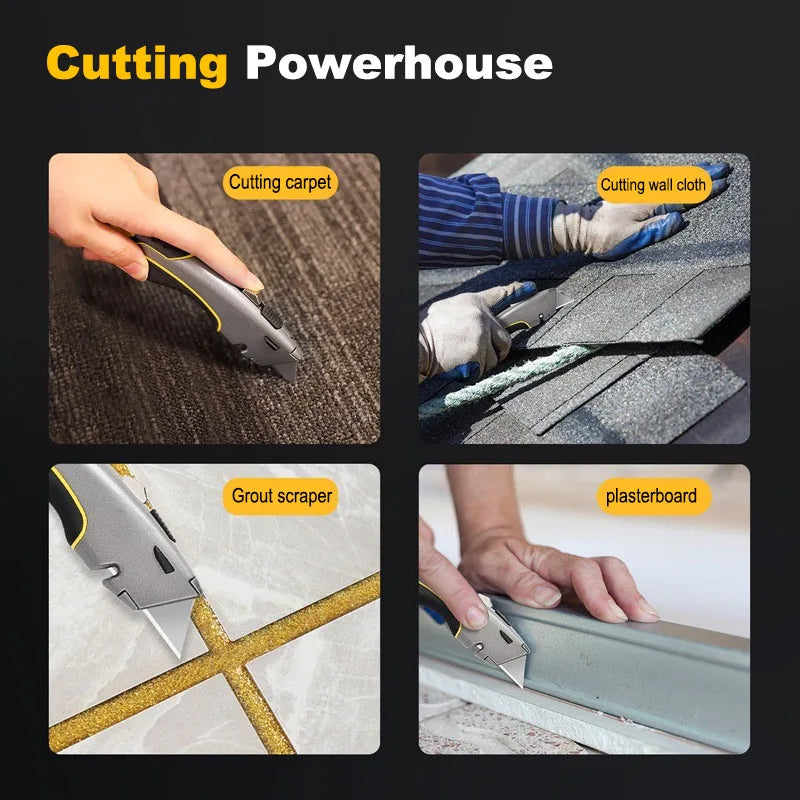 A set of precision T-shape knife blades used for cutting carpet, wall cloth, grout, and plasterboard.