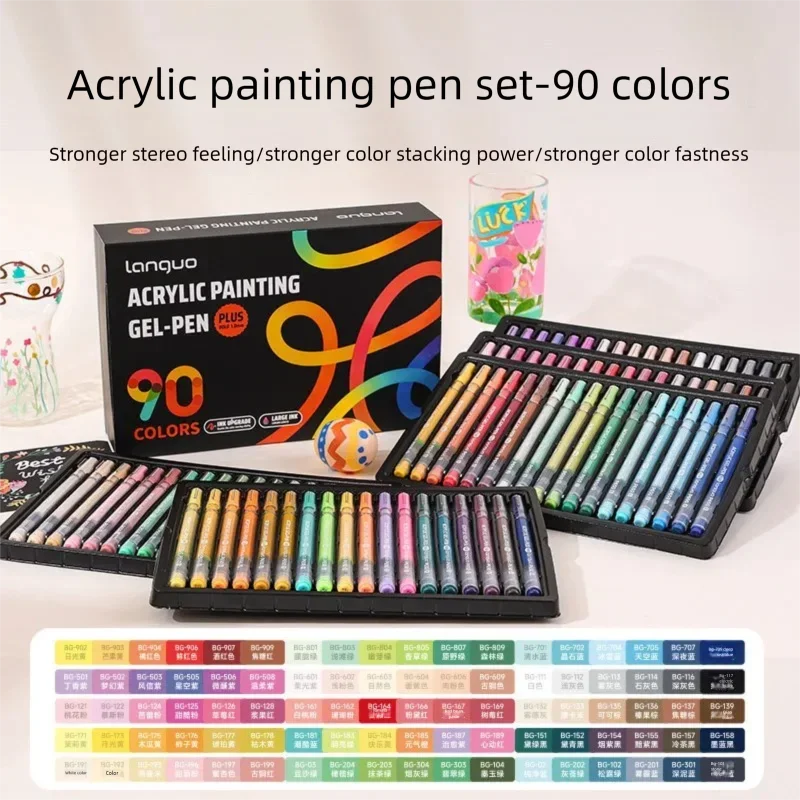 A box and set of 90 acrylic painting gel pens with various colors displayed for art and crafting.