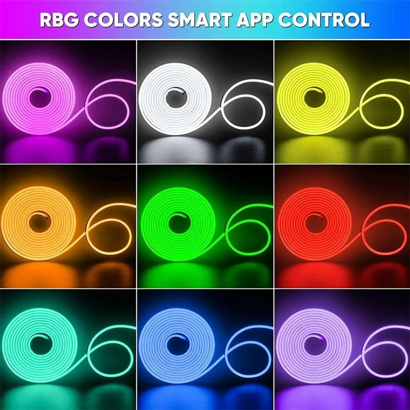 Una cuadrícula mostrando varios colores RGB de tiras LED de neón flexibles demostrando control por aplicación inteligente.