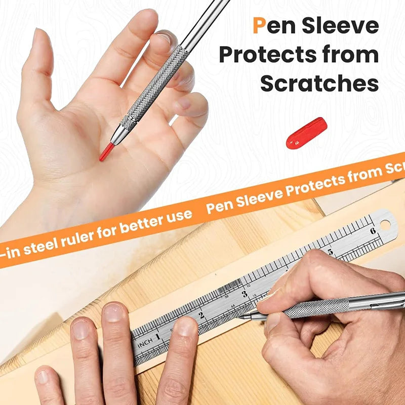A hand holds a pen sleeve protecting a pen tip while using an in-steel ruler for better use.