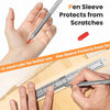 A hand holds a pen sleeve protecting a pen tip while using an in-steel ruler for better use.