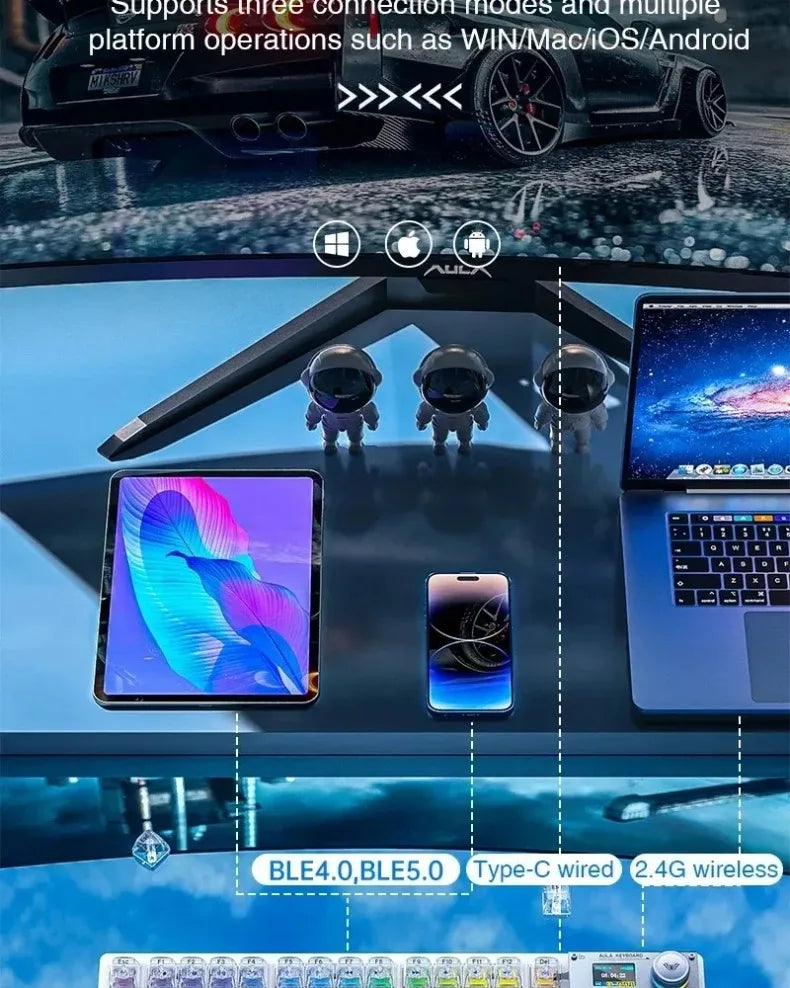 A transparent mechanical keyboard with RGB, wireless, and hot-swap switches is shown alongside various electronic devices.
