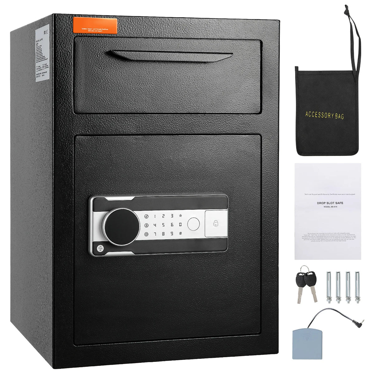 A black electronic drop slot safe with a keypad lock and an accessory bag shown in a frontal view.