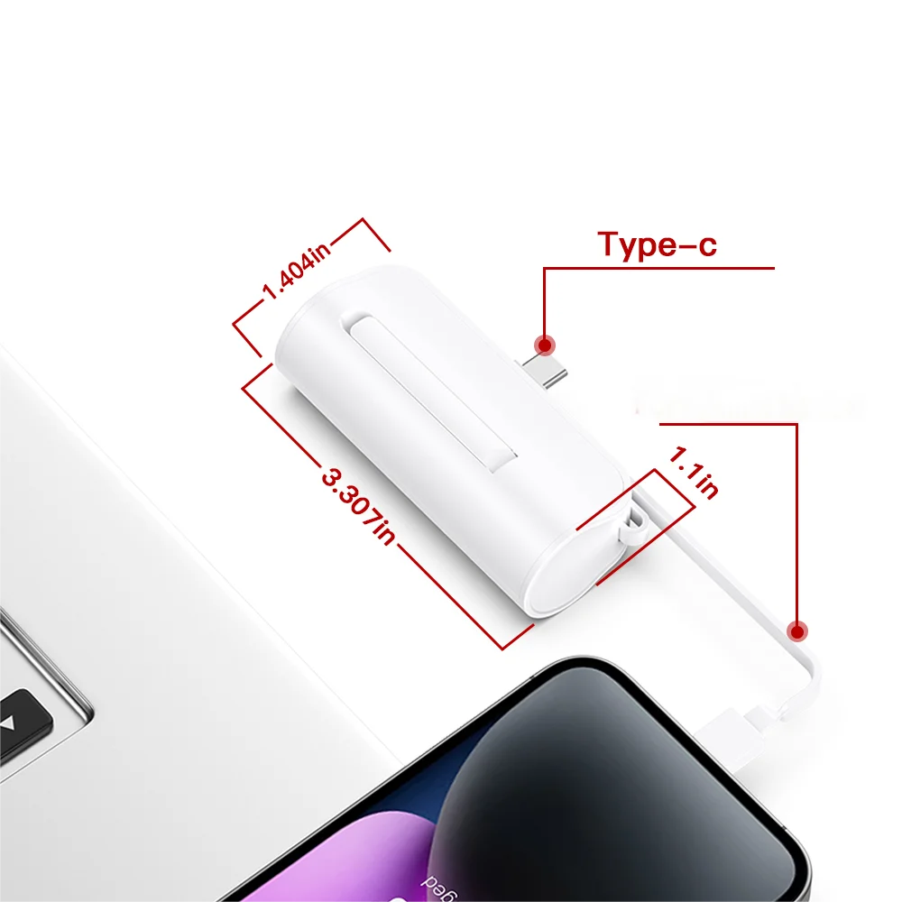 A white portable power bank with a Type-c port and LED light is shown next to a smartphone.