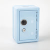 A light blue compact home safe box with a round dial and keyhole visible on the front panel.