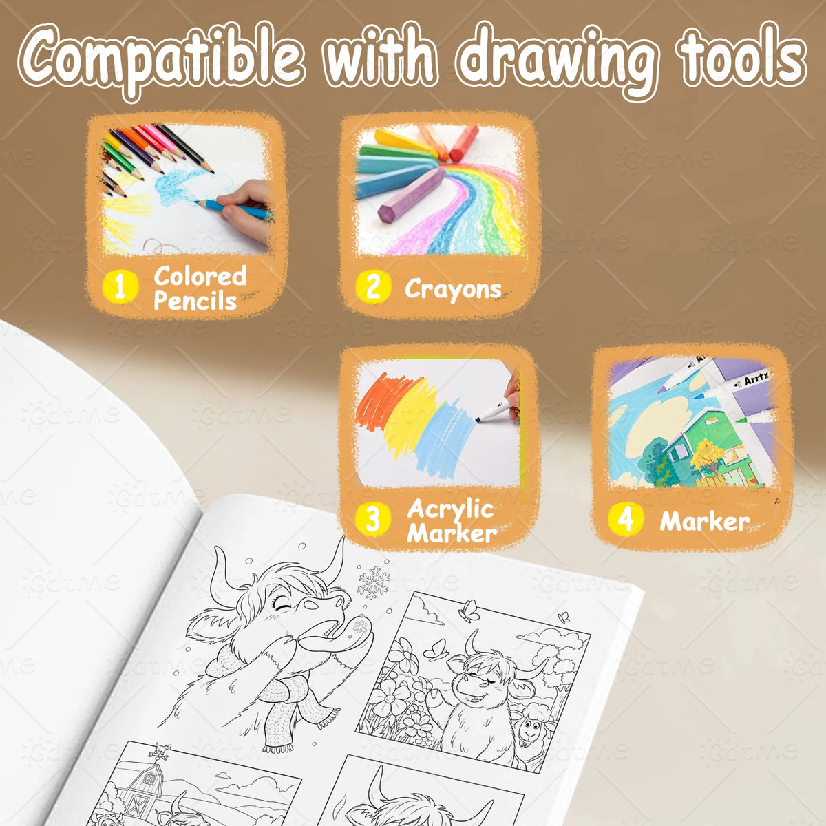 Set of drawing tools including colored pencils, crayons, acrylic markers, and a marker for an adult coloring book.