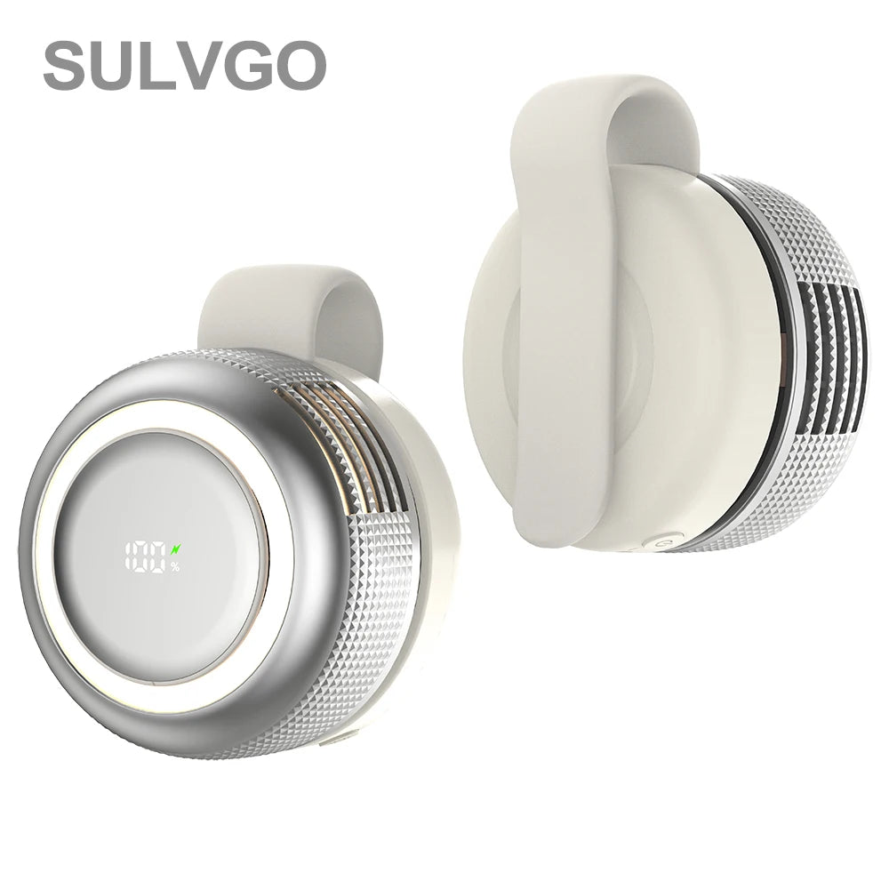 A white portable clip-on fan with a silver mesh grille and a smooth casing.