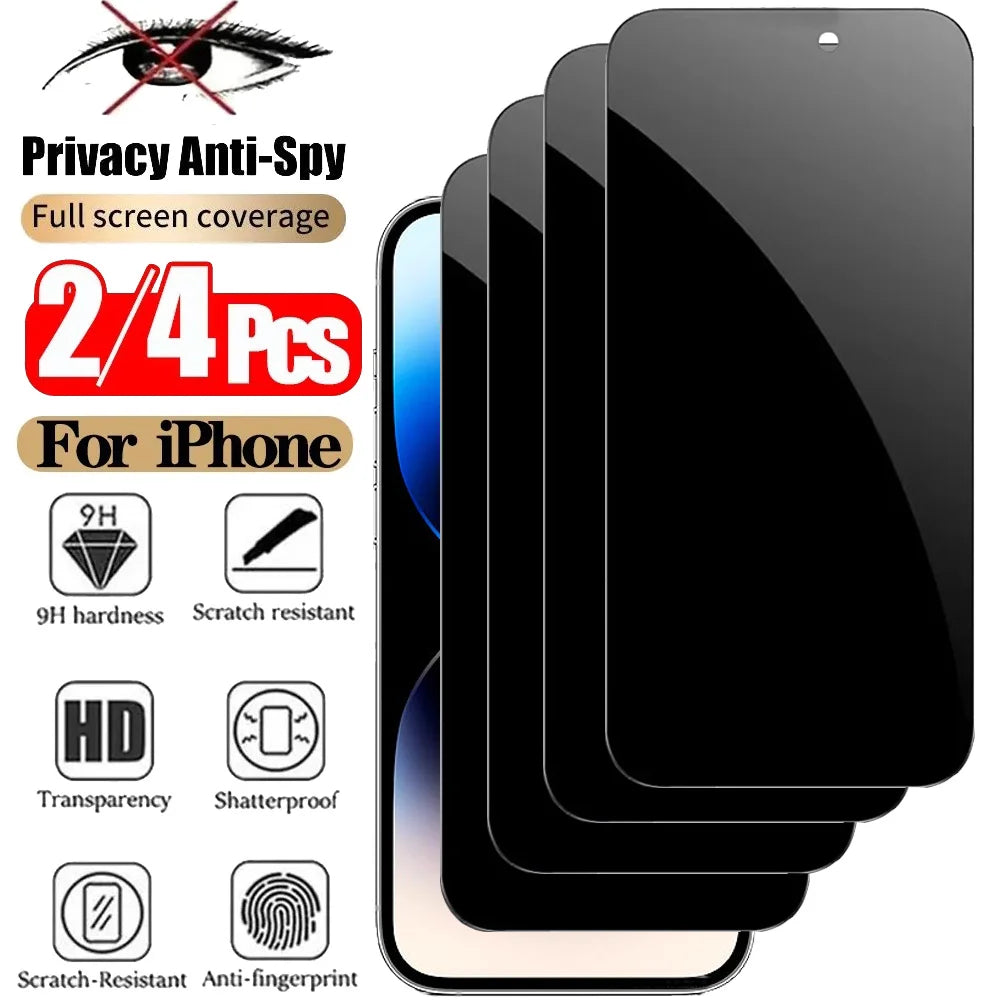 A set of four black privacy screen protectors for iPhone, featuring 9H hardness and scratch resistance.