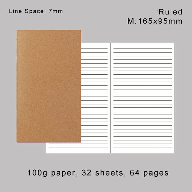 A brown notebook with ruled pages, showing a 100g paper insert for notebooks and journals.