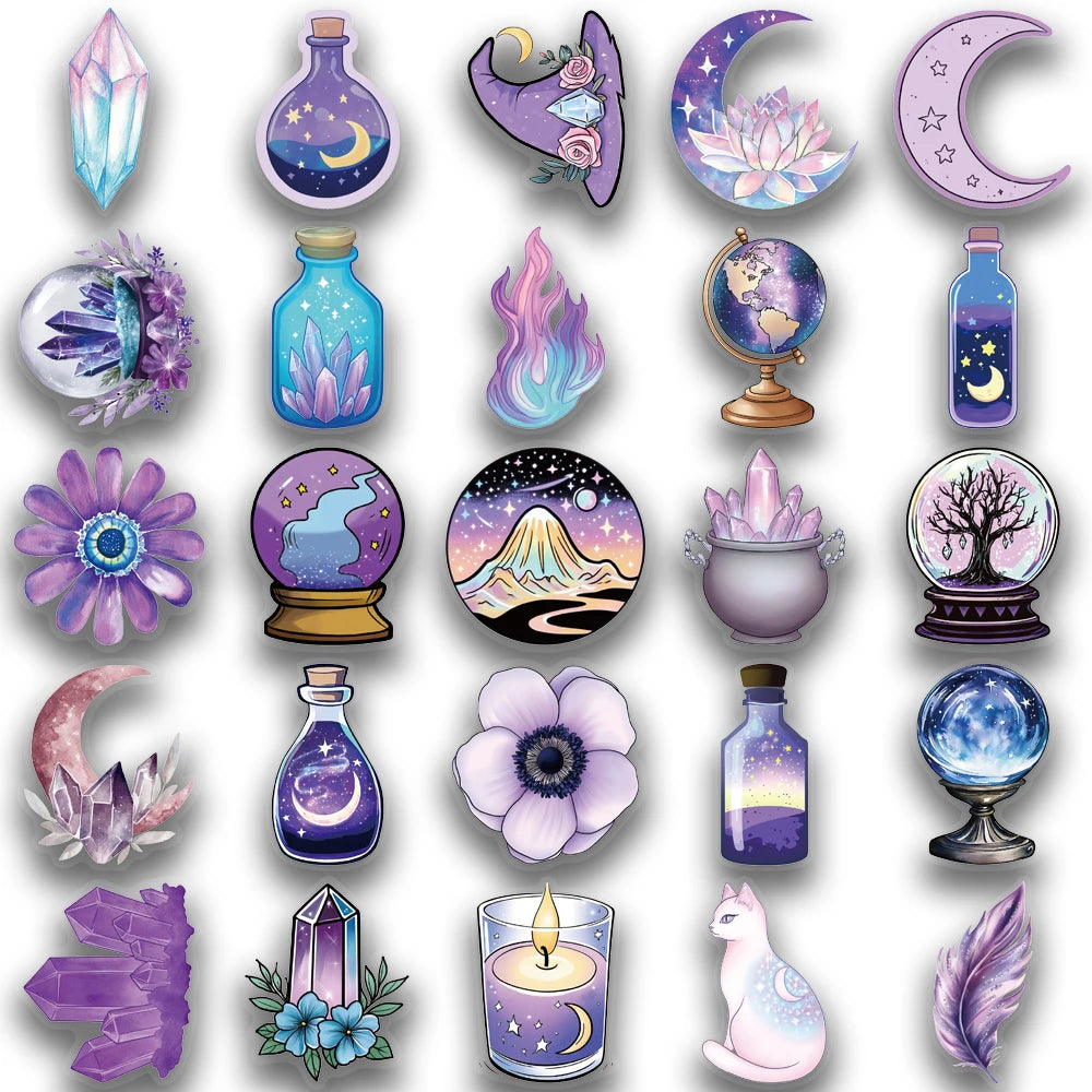 A collection of purple magic witch stickers and decorative items including crystals, potions, moons, and flowers.