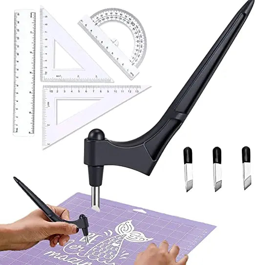 A black 360 degree rotating art cutting tool is shown with various blades and a hand cutting on purple paper.