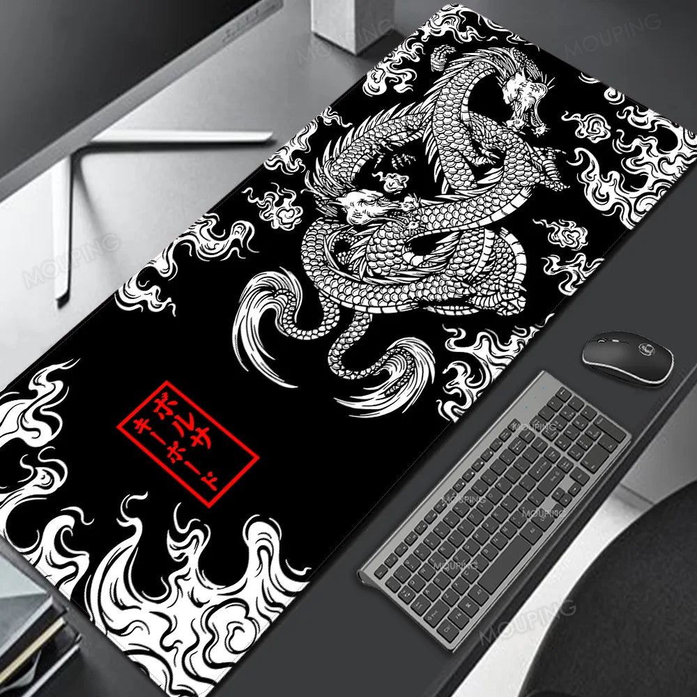 A black desk mat featuring a white and gray Japanese dragon design for gaming.