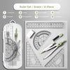 A set of eight precision measuring tools including a ruler, eraser, compass, protractor, and lead cores in green and black.