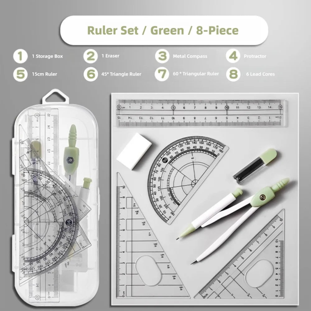 A set of eight precision measuring tools including a ruler, eraser, compass, protractor, and lead cores in green and black.